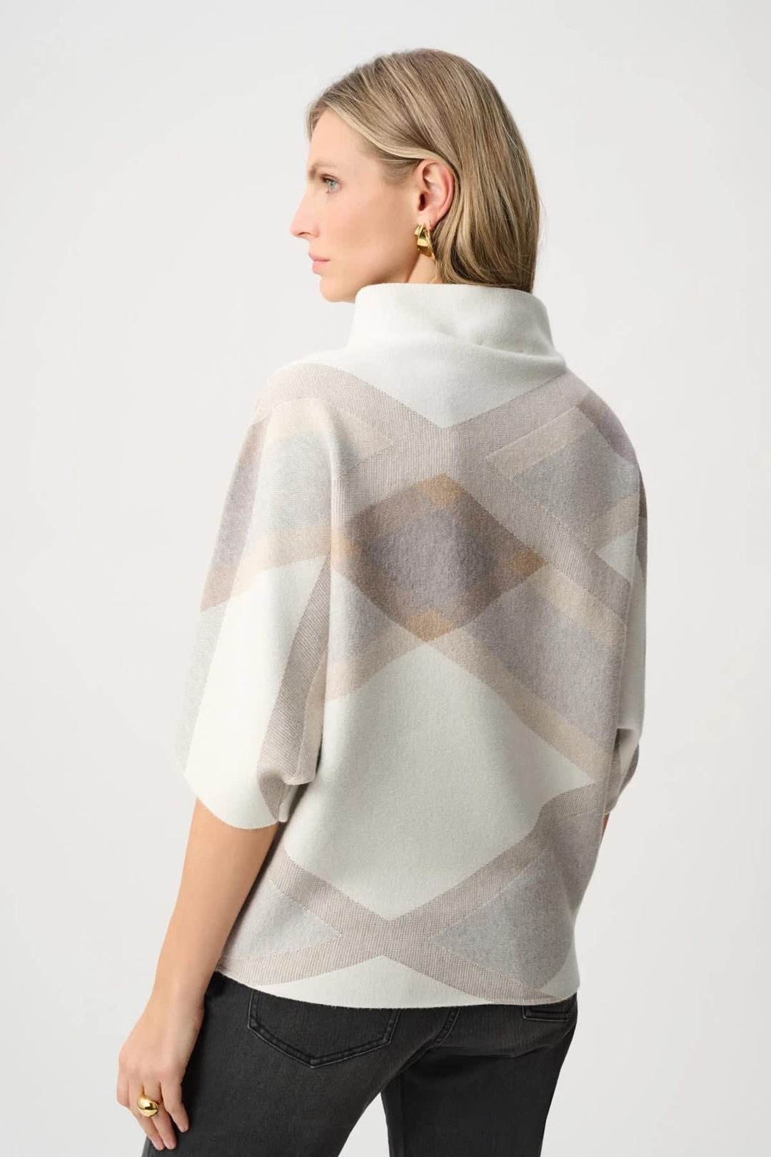 Front view of a multicolored Joseph Ribkoff geometric sweater being worn - Valérie Simon