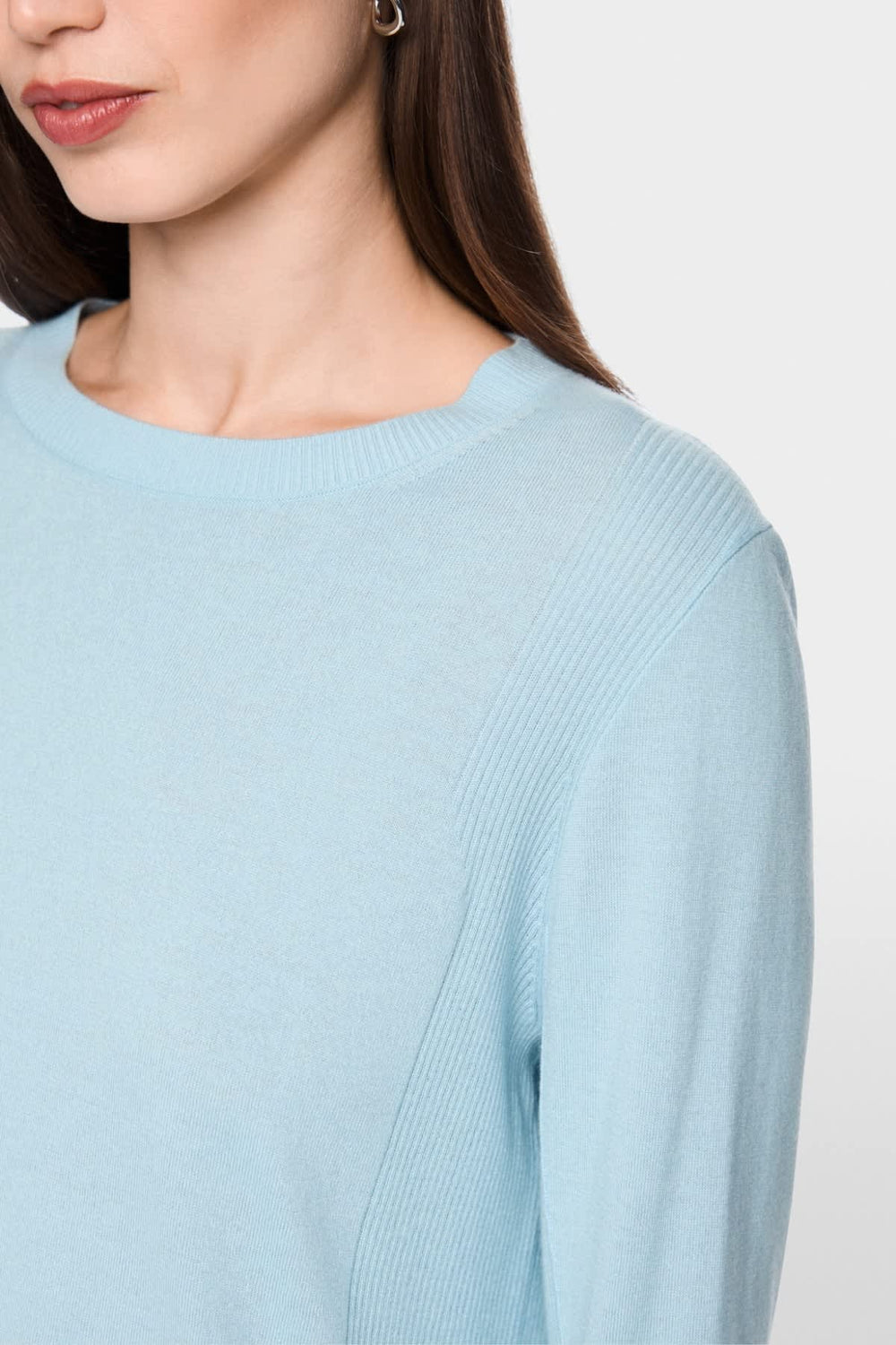 Rear view of a lightweight gray Marc Cain women's sweater with a V-neck detail - Valérie Simon