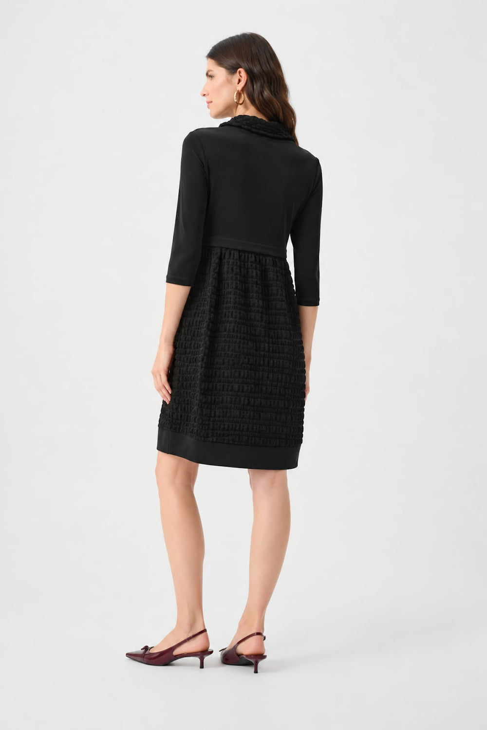 Front view of a black Joseph Ribkoff women's two-fabric dress with a draped collar - Valérie Simon