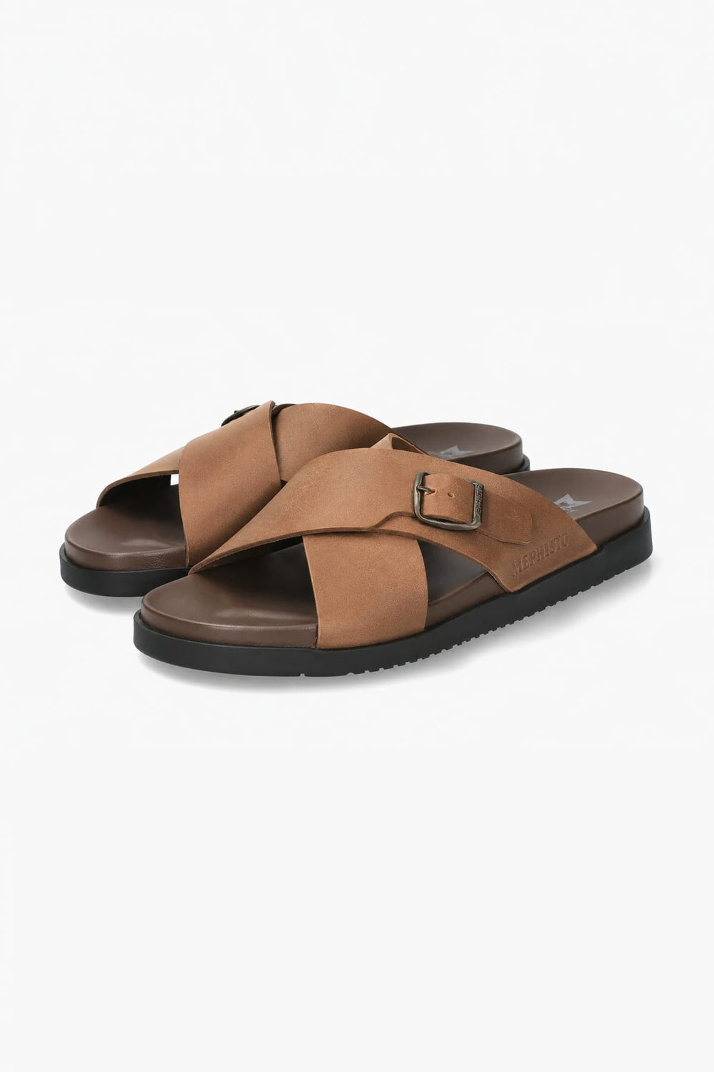Vue de côté sandales cuir marron boucle ajustable Mephisto pour homme - Valérie Simon