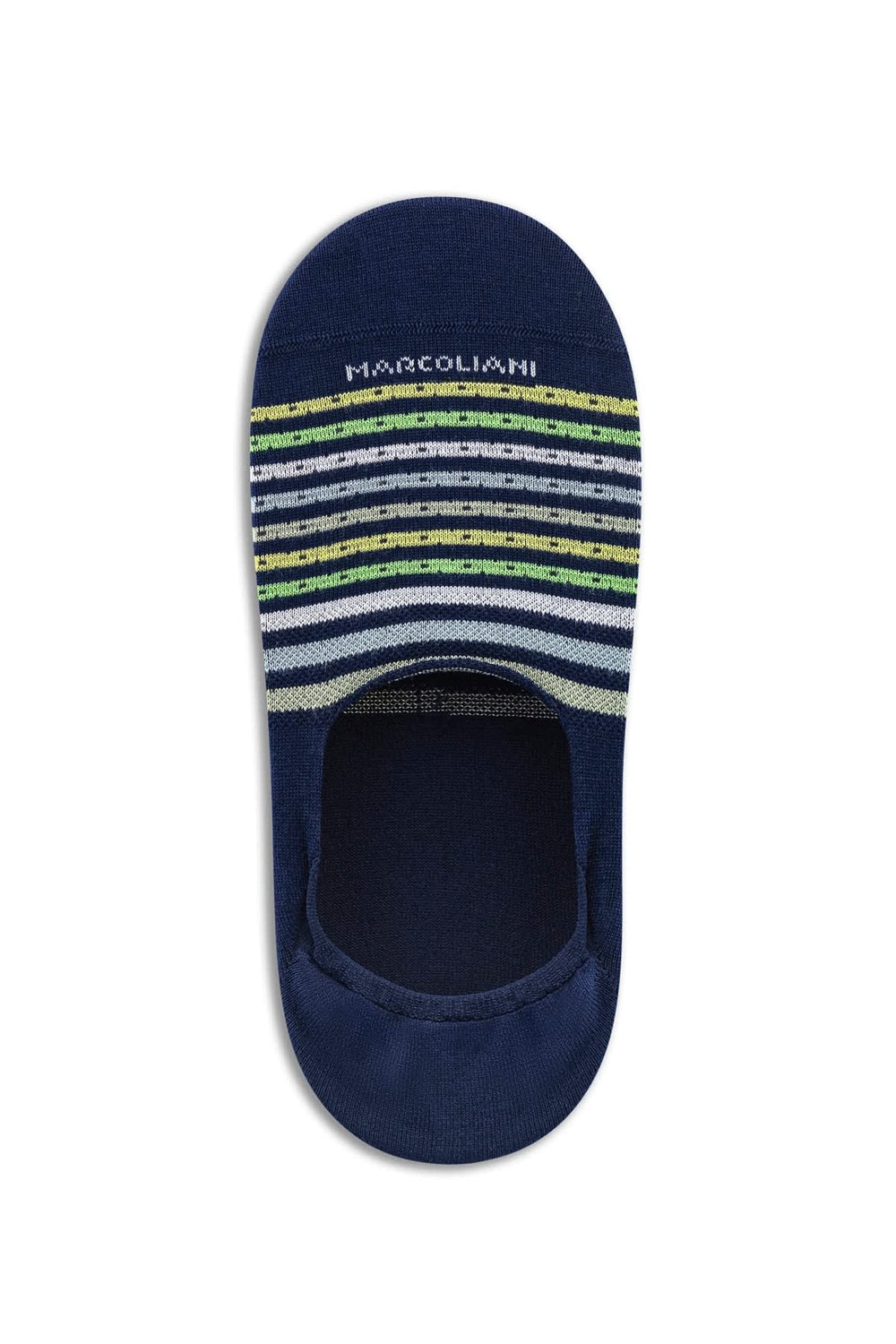 Marcoliani Men's Invisible Striped Blue Socks, Side View with Red Details - Valérie Simon