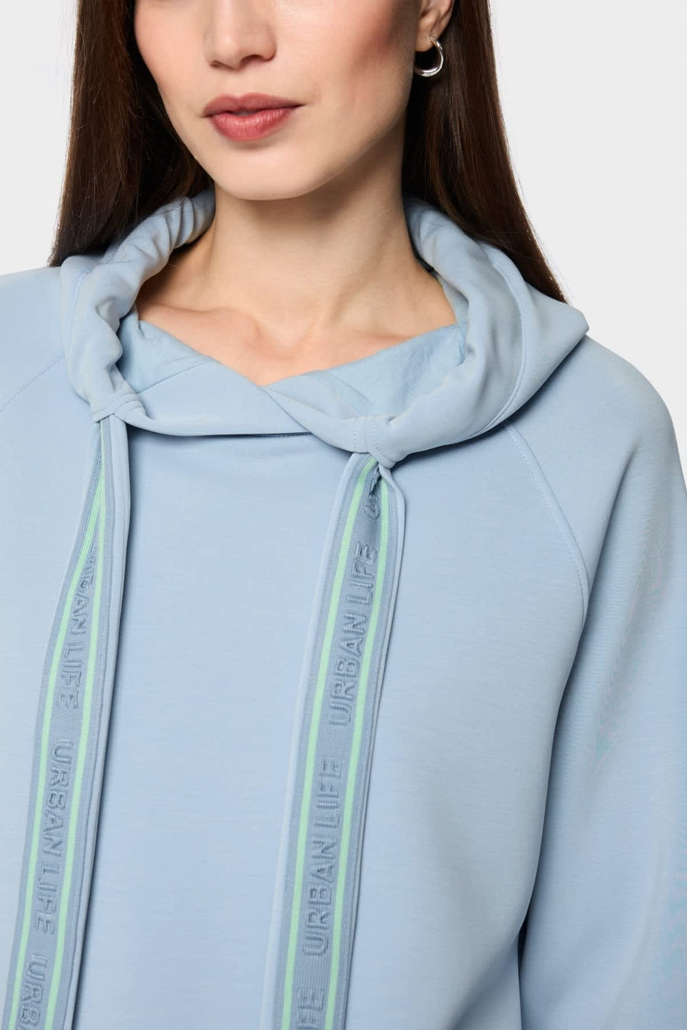 Front view of a gray Marc Cain women's hoodie with Valérie Simon stitching details