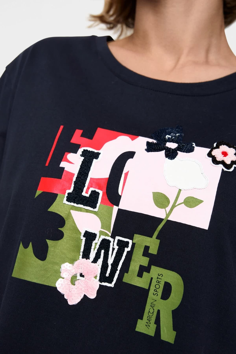 Women's Marc Cain floral print T-shirt with sequin details, front view