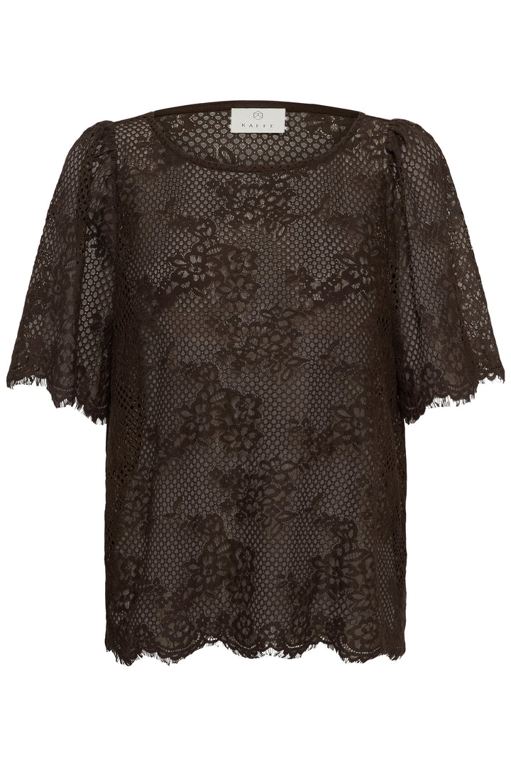 Front view of the white Kaffe floral lace T-shirt for women - Valérie Simon