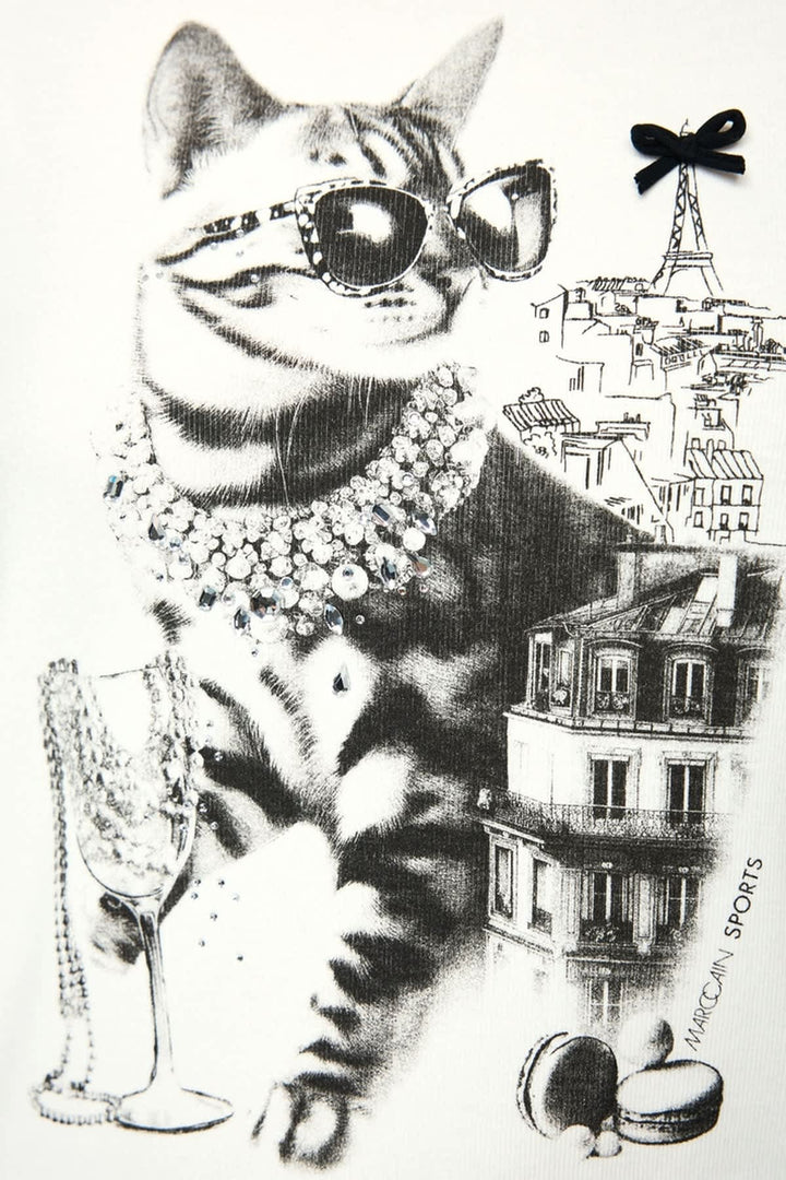 T-shirt imprimé chat avec détails bijoux vue de face pour femme Marc Cain