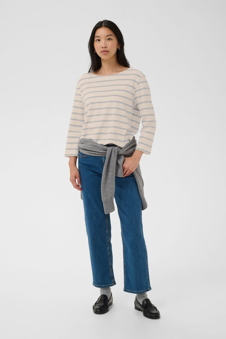 Vue de face T-shirt marinière Nela rayé bleu et blanc pour femme - Valérie Simon