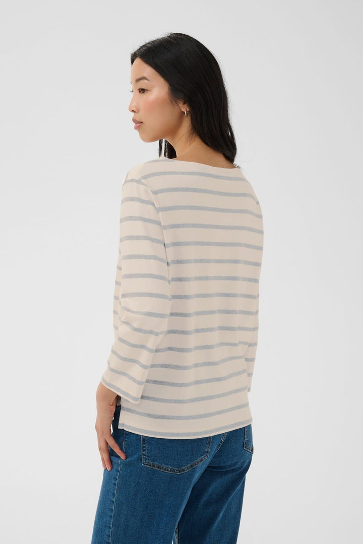 Vue de face T-shirt marinière rayé bleu et blanc Part Two pour femme avec manches longues - Valérie Simon