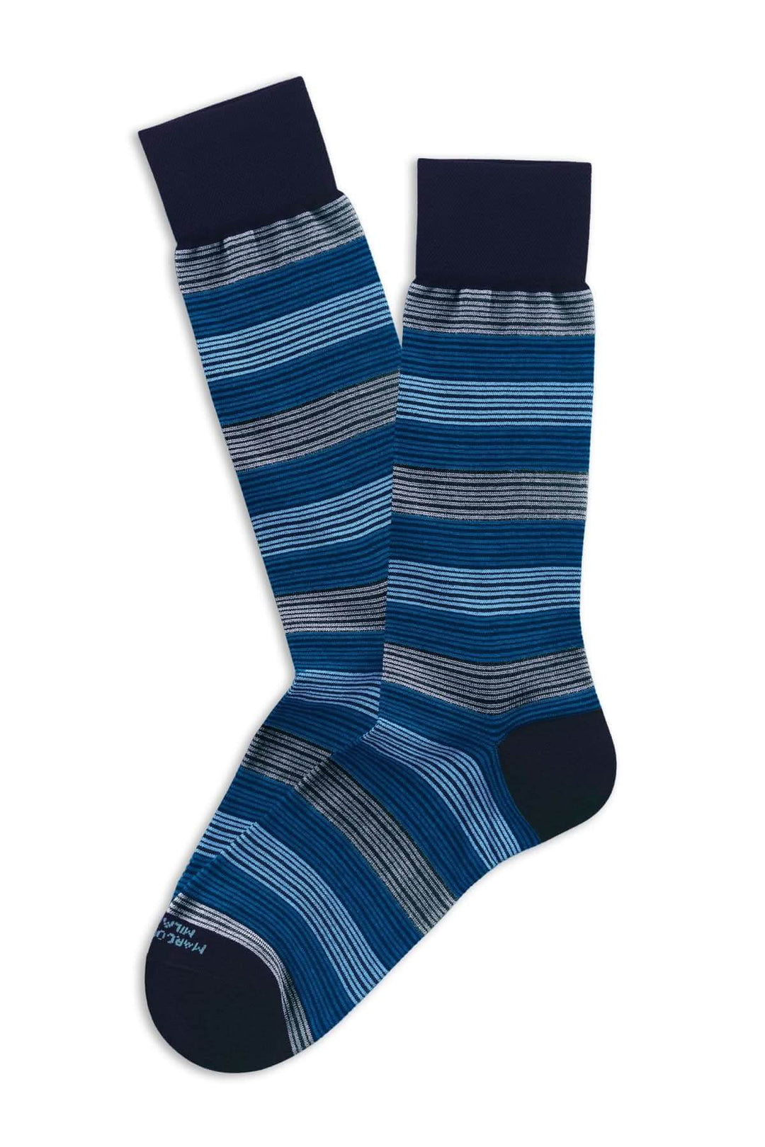 Bas à rayures élégants et confortables, parfaits pour tenues professionnelles et décontractées, motif moderne bleu et noir.