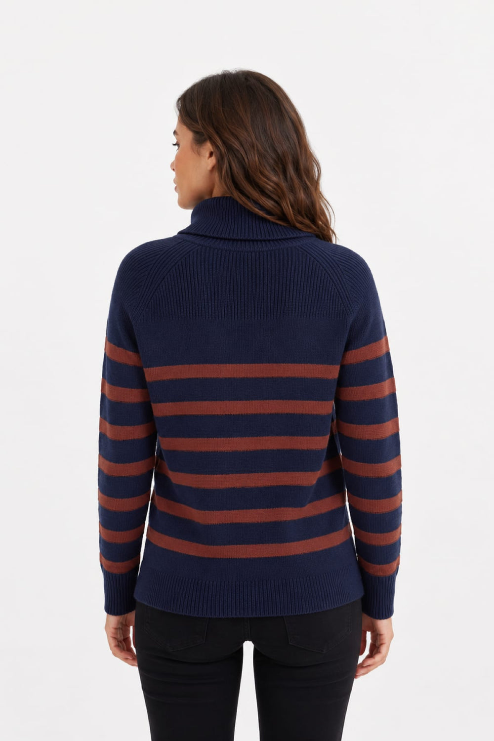 Women's striped turtleneck knit with kangaroo pocket, front view, Coco y Club