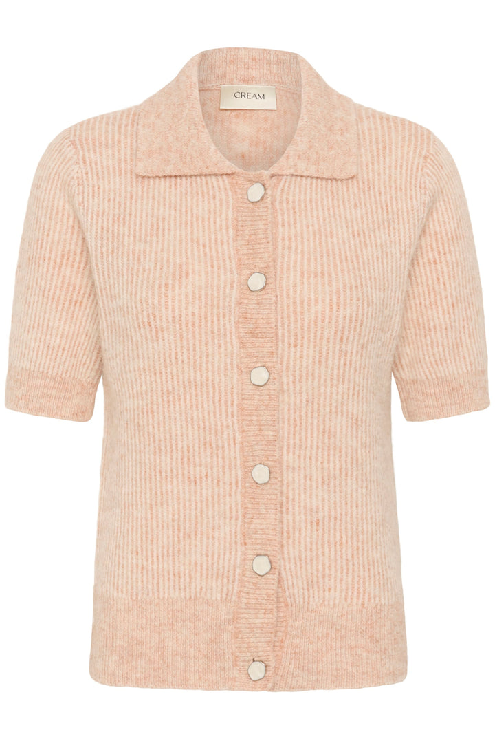 Front view of a short-sleeved button-up knit top Cream for women, brown - Valérie Simon