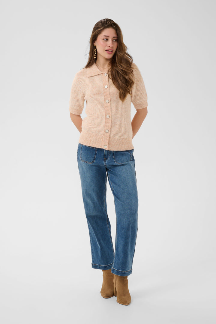 Front view of a short-sleeved button-up knit top Cream for women in beige - Valérie Simon