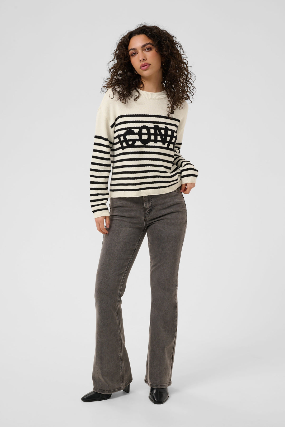 Front view of a black-and-white striped sweater with "Kaffe" lettering for women - Valérie Simon