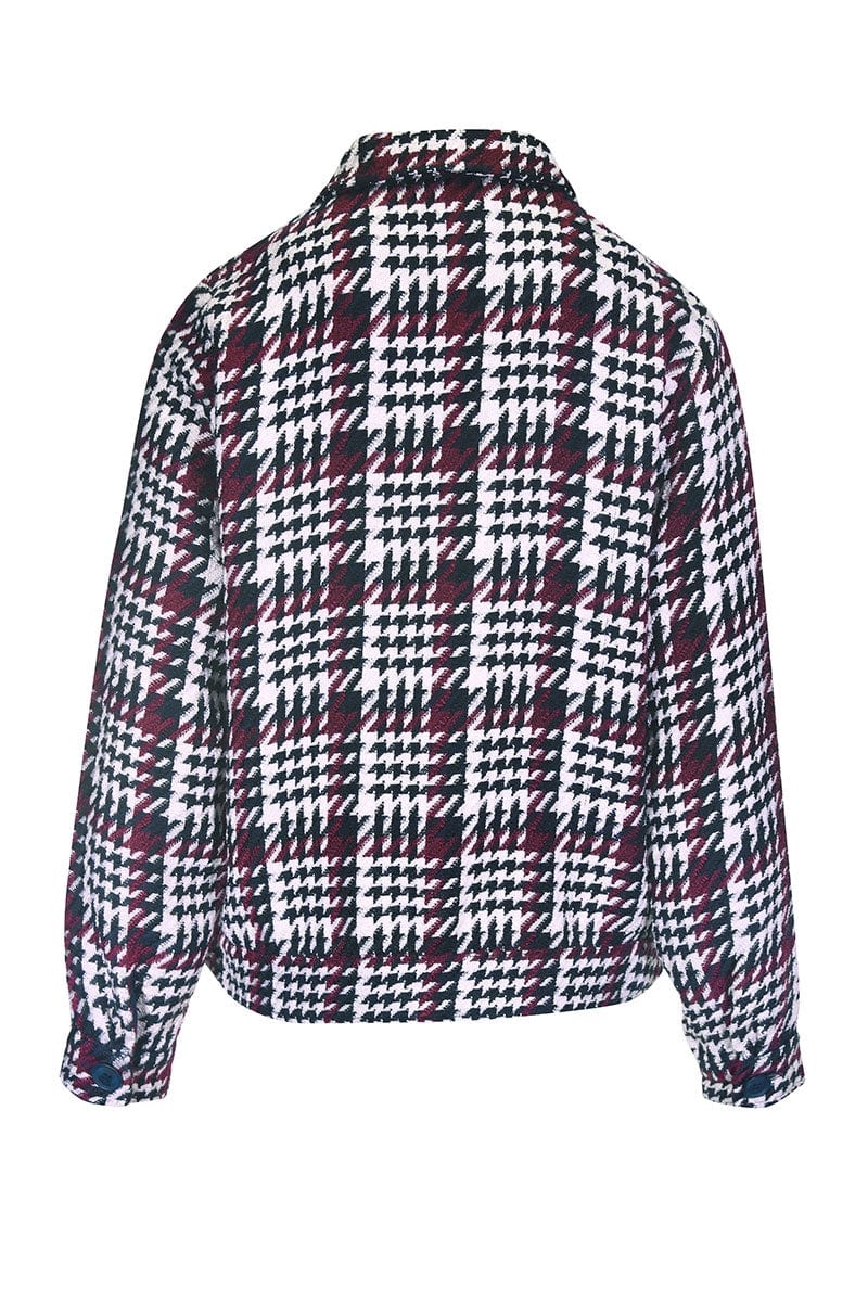 Front view of a short plaid jacket for women by Kennys