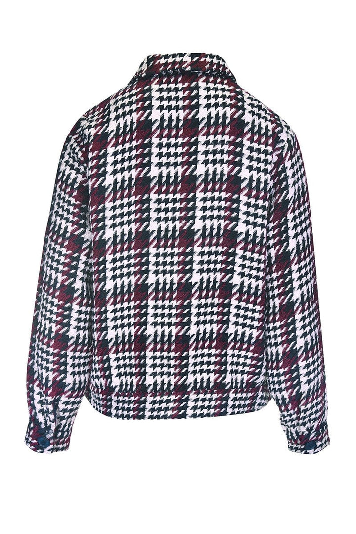 Front view of a short plaid jacket for women by Kennys