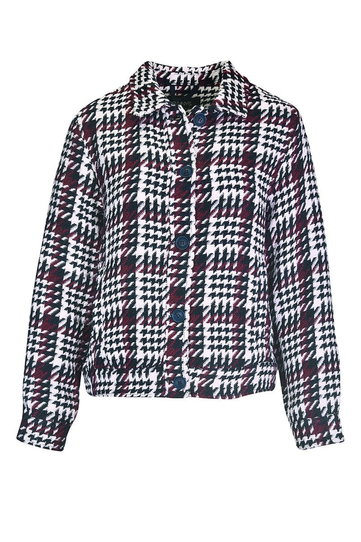 Front view of a short plaid jacket for women by Kennys
