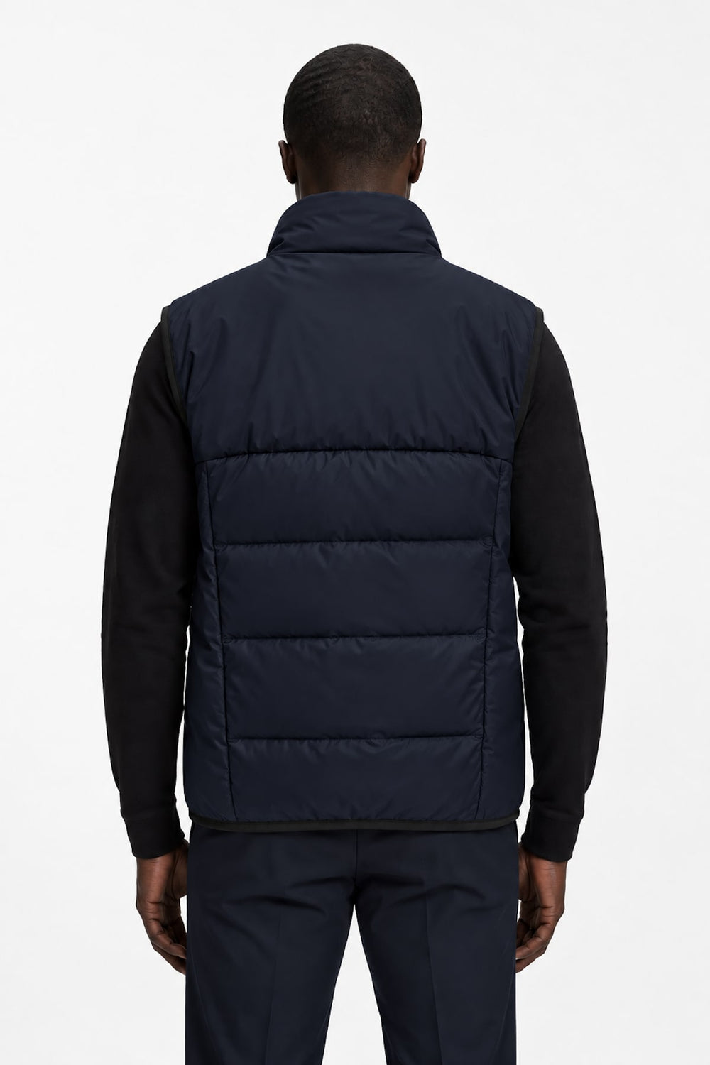 Hugo Boss men's black sleeveless quilted jacket, front view