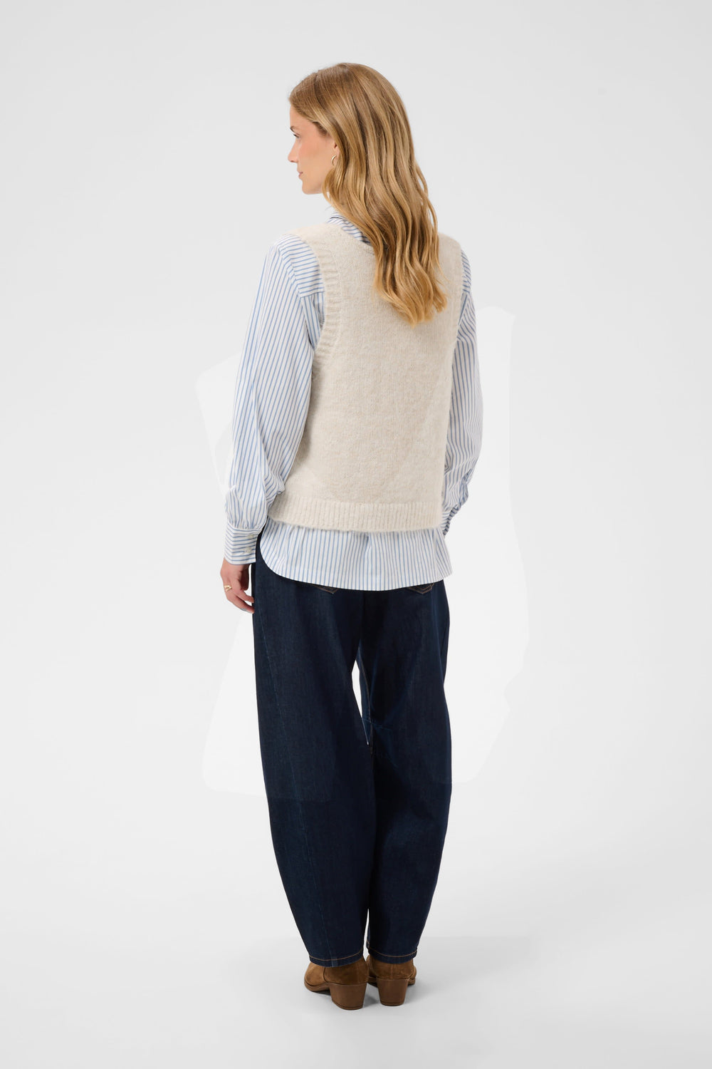 Women's tie-front knit sleeveless cardigan front view Cream