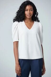 Blouse blanche à manches courtes gigots et col en V, idéale pour le travail ou les soirées, confortable et élégante.