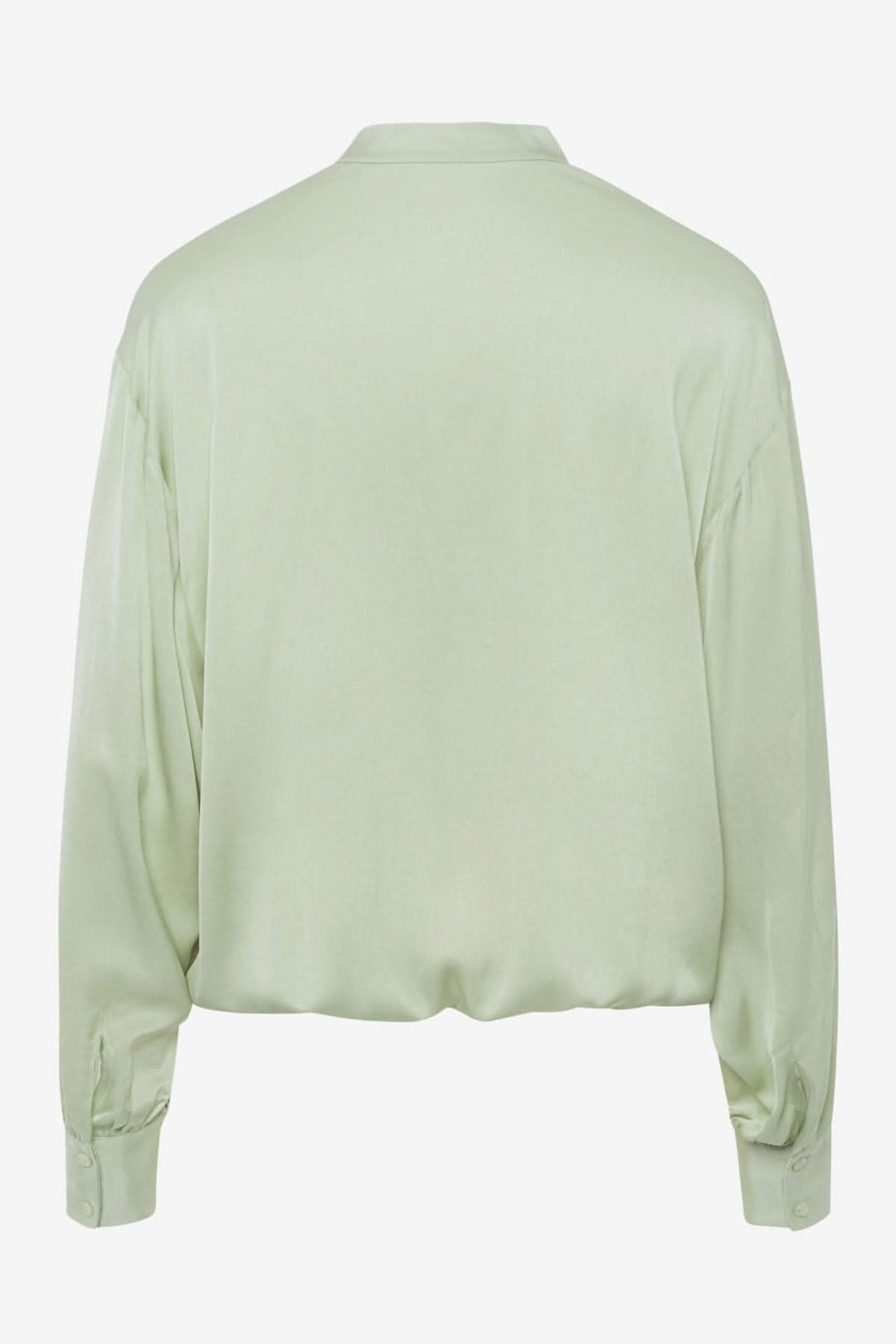 Blouse soyeuse Viv, dos de chemisier vert clair, manches bouffantes, col montant, style tendance, confort optimal.