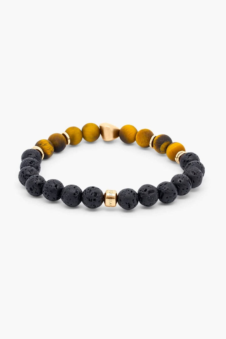 Bracelet élastique en œil de tigre et perles de lave volcanique, détails en argent rose.