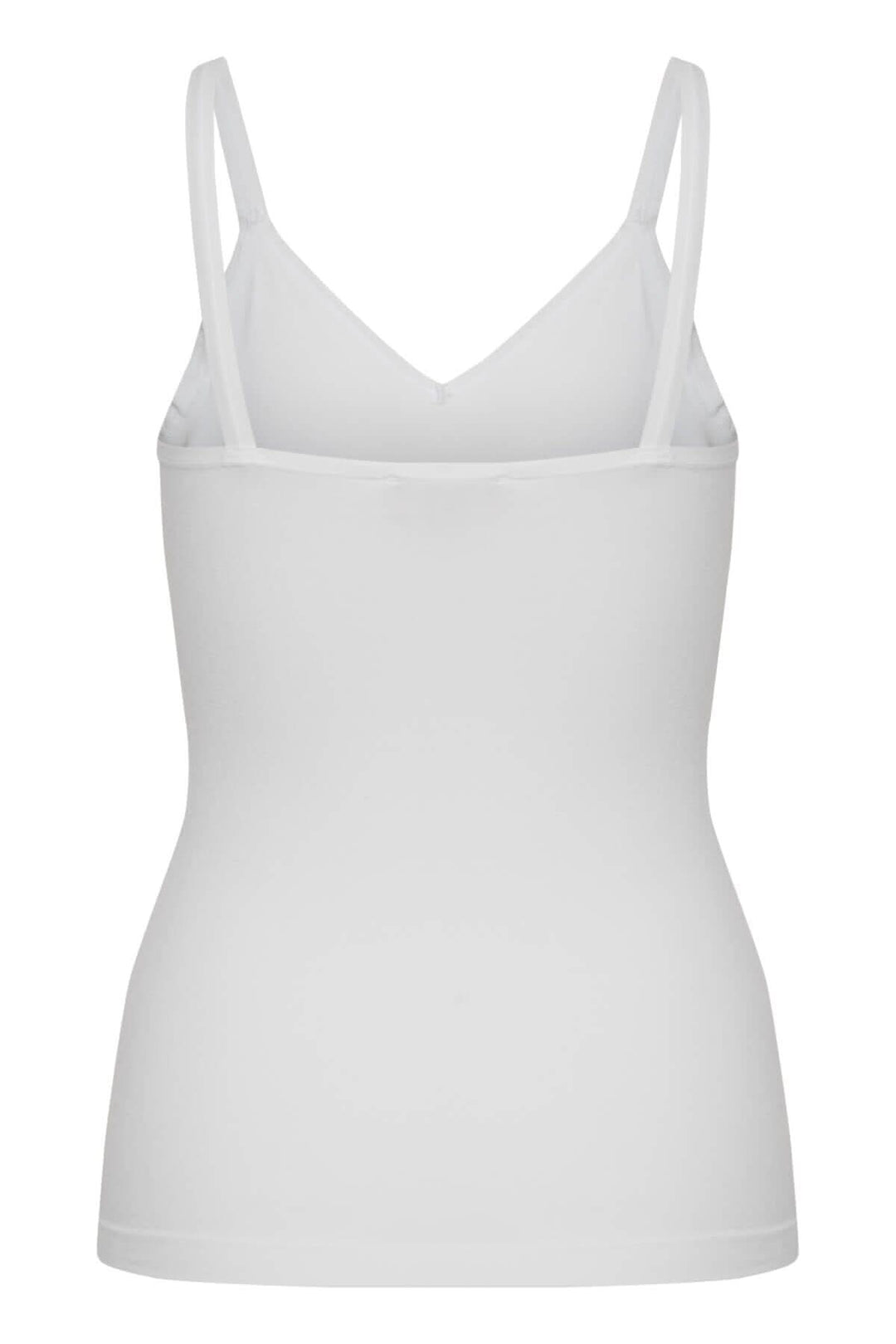 Camisole Hydda blanche, à bretelles minces, col en V, coupe ajustée, idéale à porter seule ou sous un vêtement.