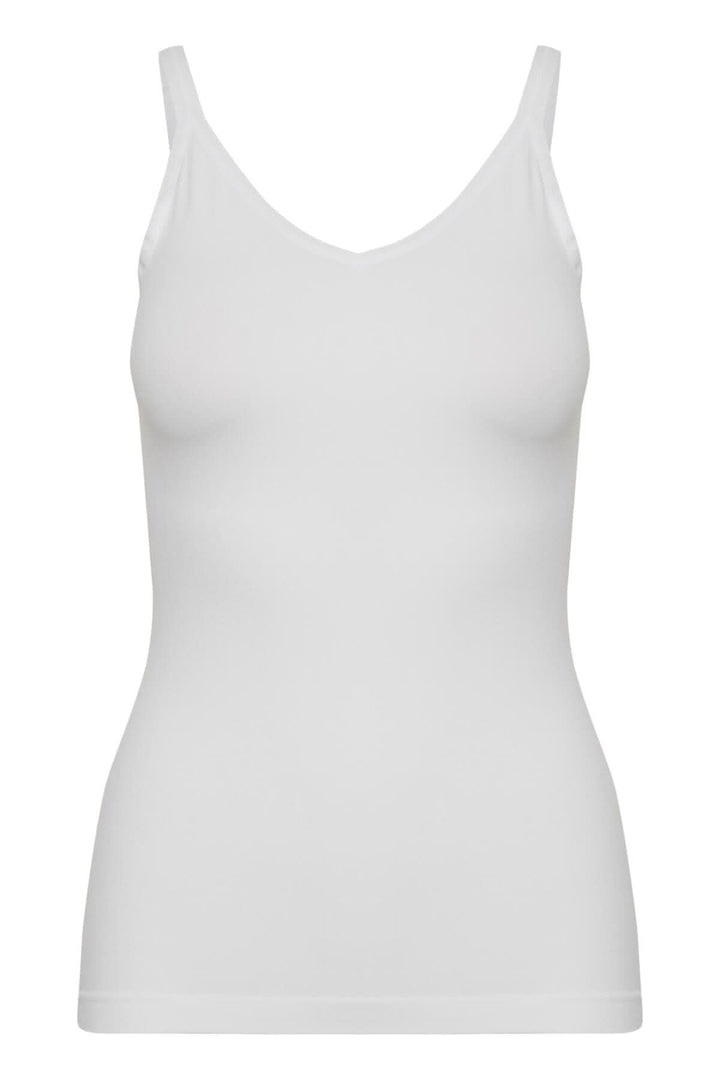 Camisole Hydda blanche à bretelles élastiques et col en V, coupe ajustée, idéale pour un usage seul ou sous un vêtement.