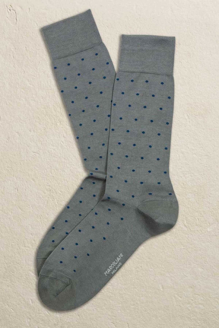 Chaussettes Marcoliani italiennes gris avec pois bleus, modernes et élégantes, 72% coton et 28% polyester.