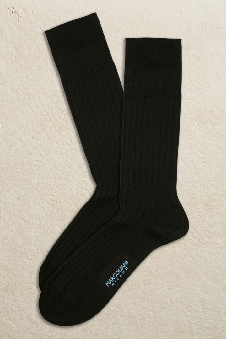 Chaussettes Marcoliani italiennes noires à rayures, 80% coton, 20% polyester, style moderne et élégant.