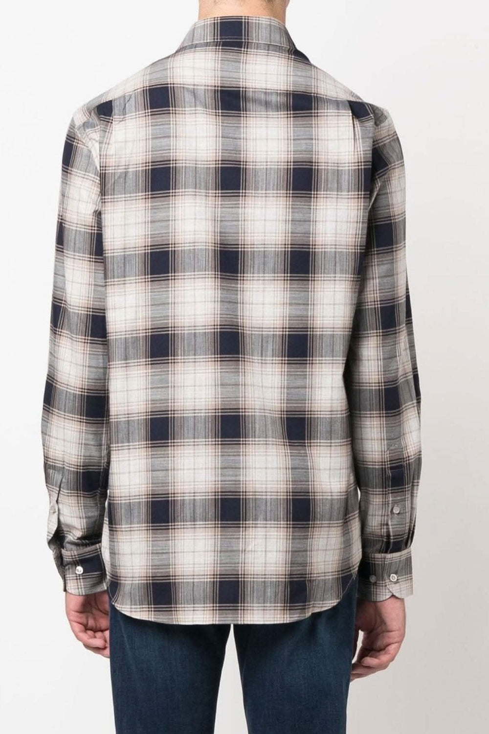 Chemise en coton à carreaux Paul and Shark, coupe J fit, bleu/gris/beige, vue arrière.
