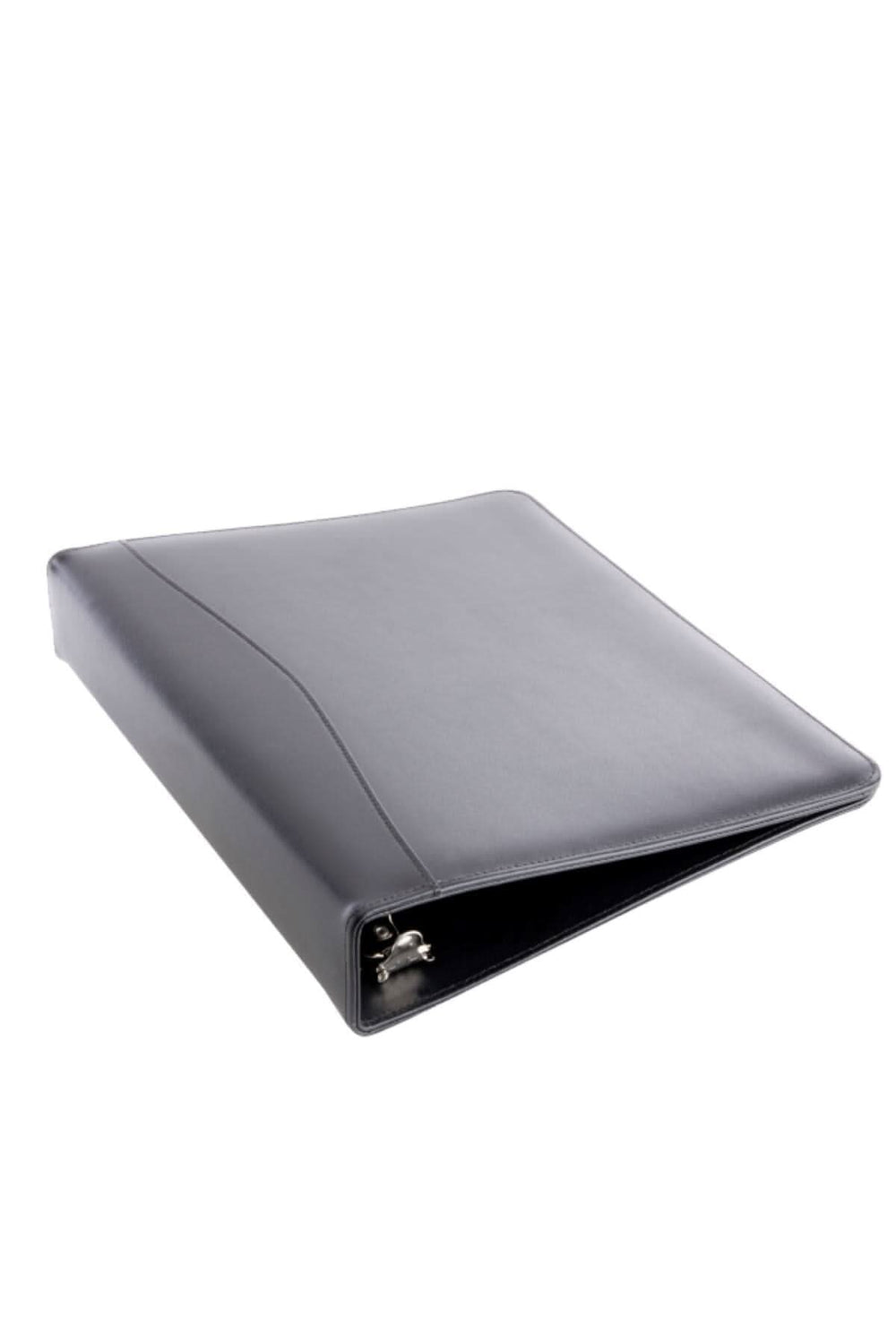 Classeur à anneaux de 1,5 po en cuir noir, fini élégant et pratique pour le rangement de documents.