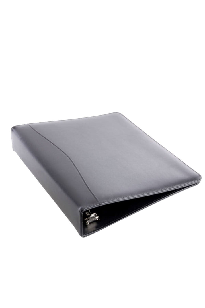 Classeur à anneaux de 1,5 po en cuir noir, fini élégant et pratique pour le rangement de documents.