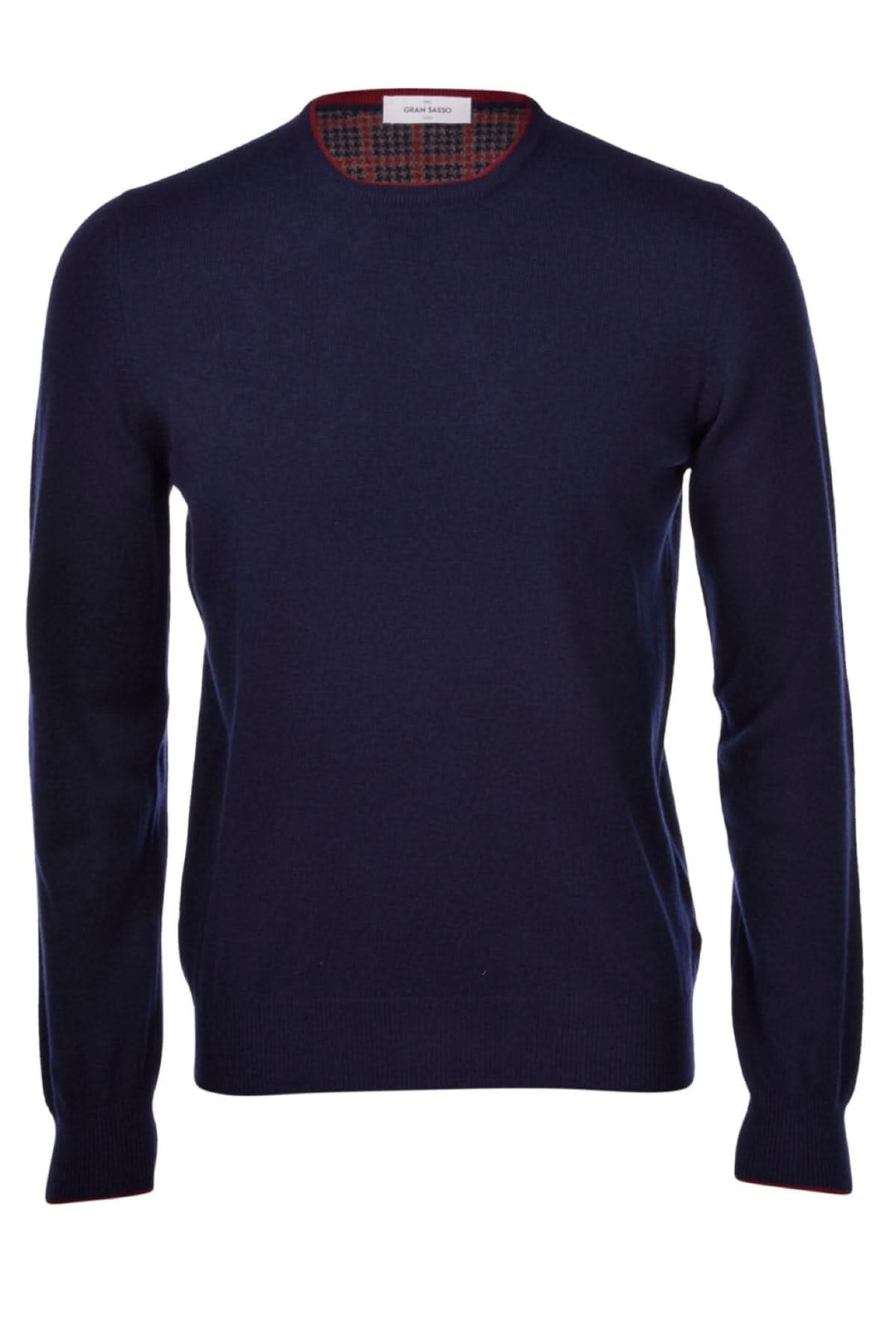 Pull en cachemire bleu nuit avec col en tweed à motifs, style semi-ajusté, parfait pour un look décontracté.