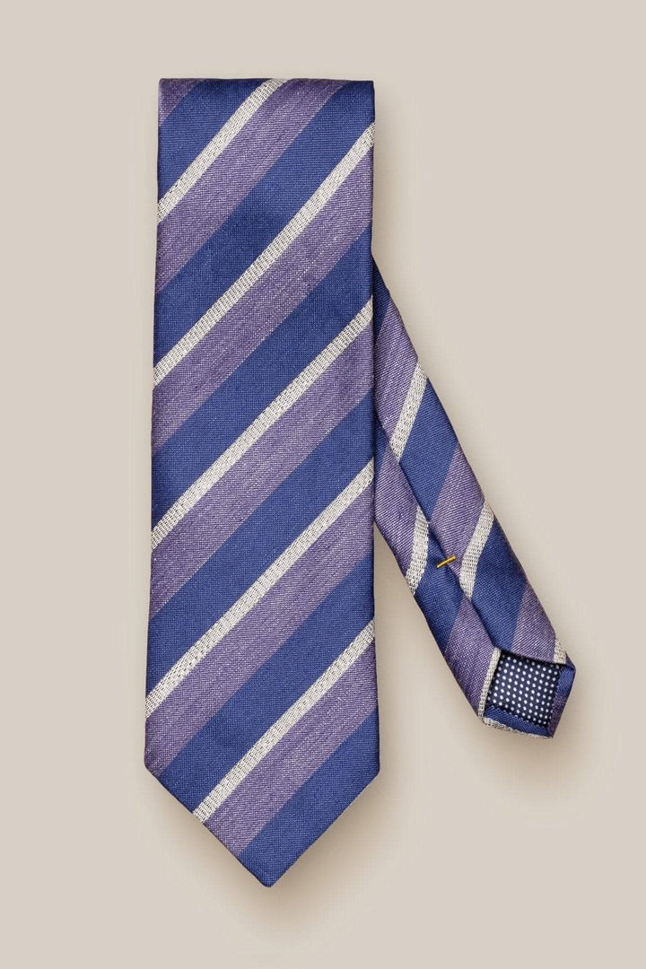 Cravate rayée en soie et lin, couleur bleu et violet, parfaite pour les affaires et soirées élégantes.