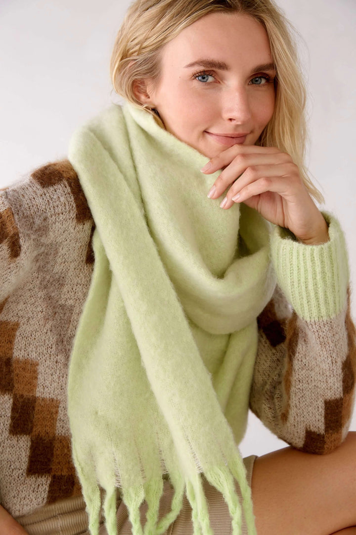 Écharpe en laine verte portée par mannequin, avec franges et style moderne, associée à un pull à motifs.