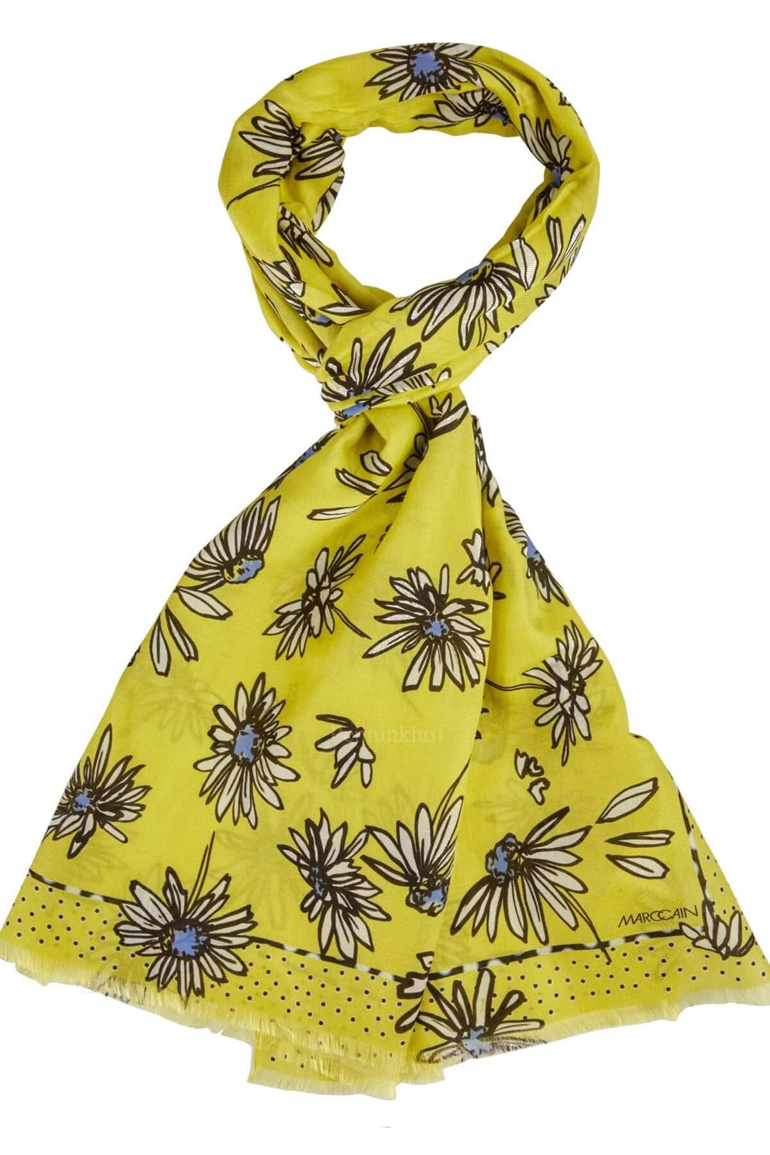 Écharpe transparente jaune citron avec imprimé marguerites bleues, bords effilochés, Marc Cain.