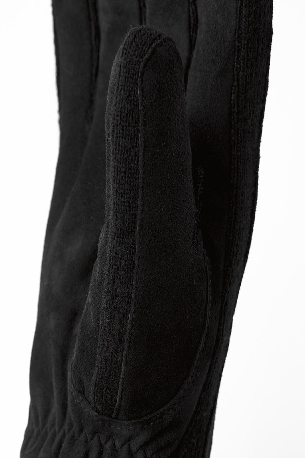 Gants en daim pour hommes, souples, avec tricot entre les doigts et sur le poignet, couleur noire.