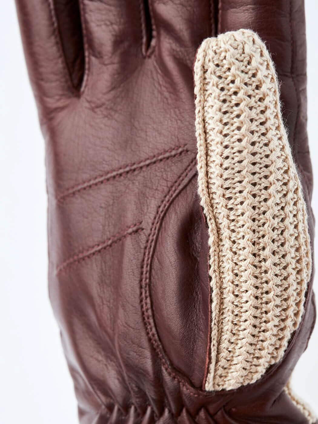Gant en cuir brun avec dos en crochet, doublure en laine pour l&