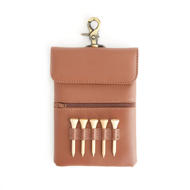 Golf accessory bag with slots for tees, zippered pocket, and snap-on closure for golfers.