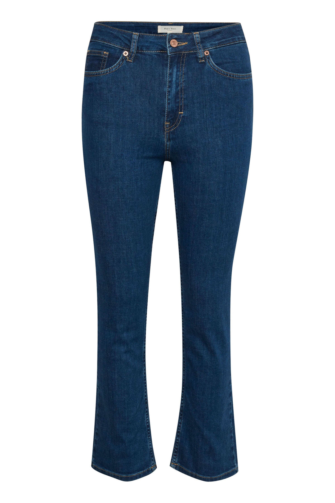 Jean ajusté 5 poches avec taille haute et jambe boot leg, longueur au-dessus de la cheville.