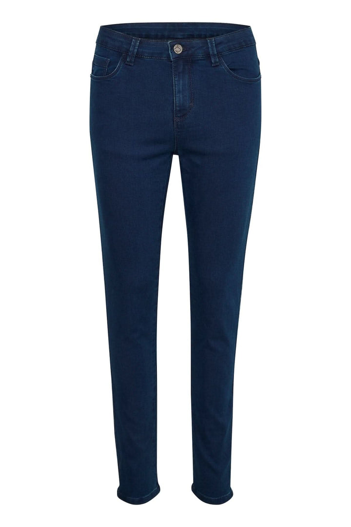 Jean Vicky en denim foncé, coupe étroite, taille régulière, composition coton-polyester-élasthanne, essentiel mode.