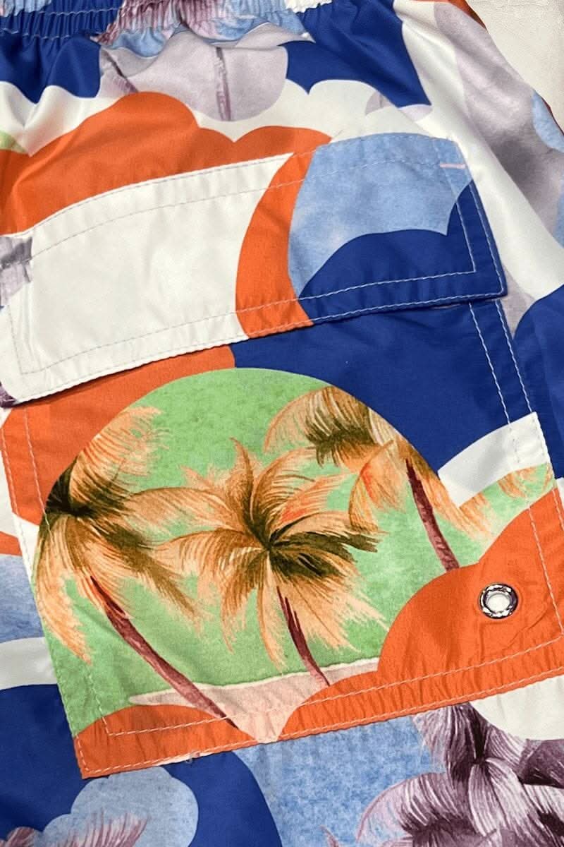 Maillot de bain coloré avec motif tropical de palmiers sur tissu en polyester, parfait pour l&