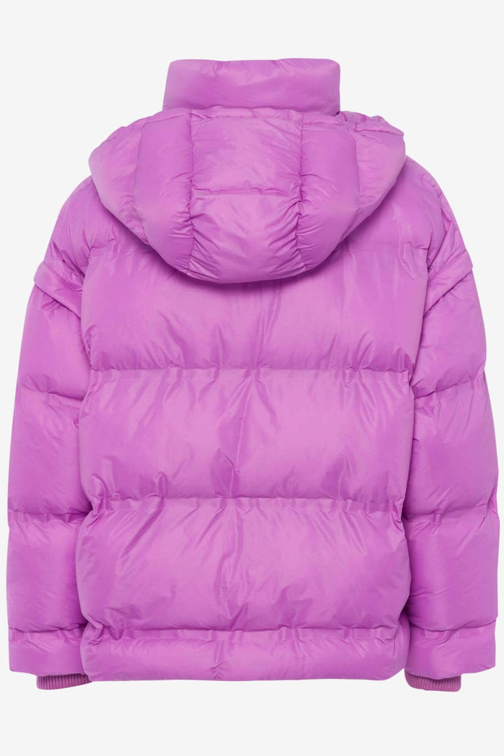 Manteau Filippa rose, capitonné, avec capuchon, style moderne, vue arrière, idéal pour l&