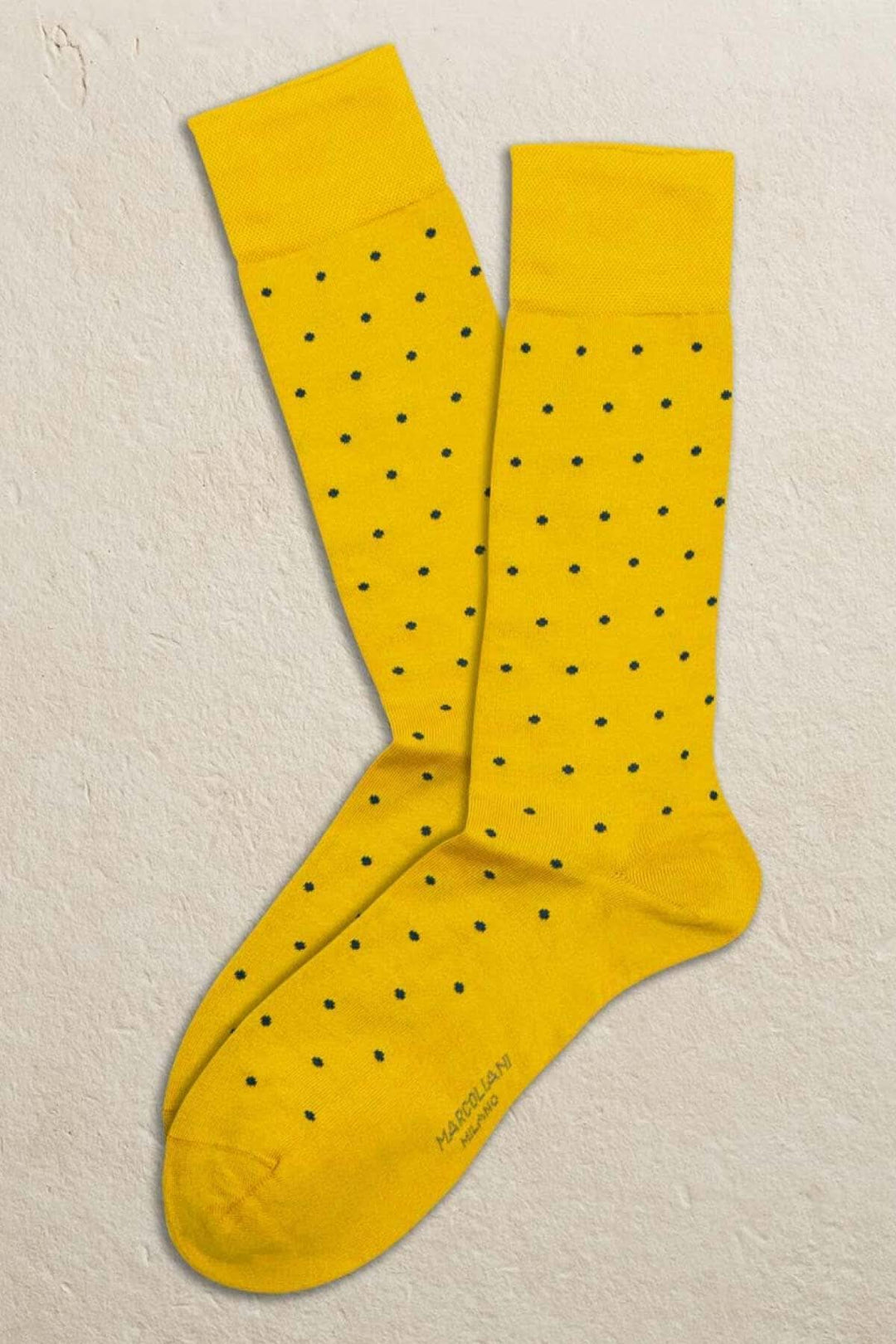 Chaussettes italiennes jaunes à pois noirs, modernes et stylées, fabriquées en Italie, 72% coton.