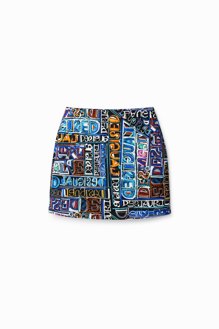 Mini-jupe slim haute avec imprimé logo arty coloré par Javier Mariscal, idéale pour un look moderne.