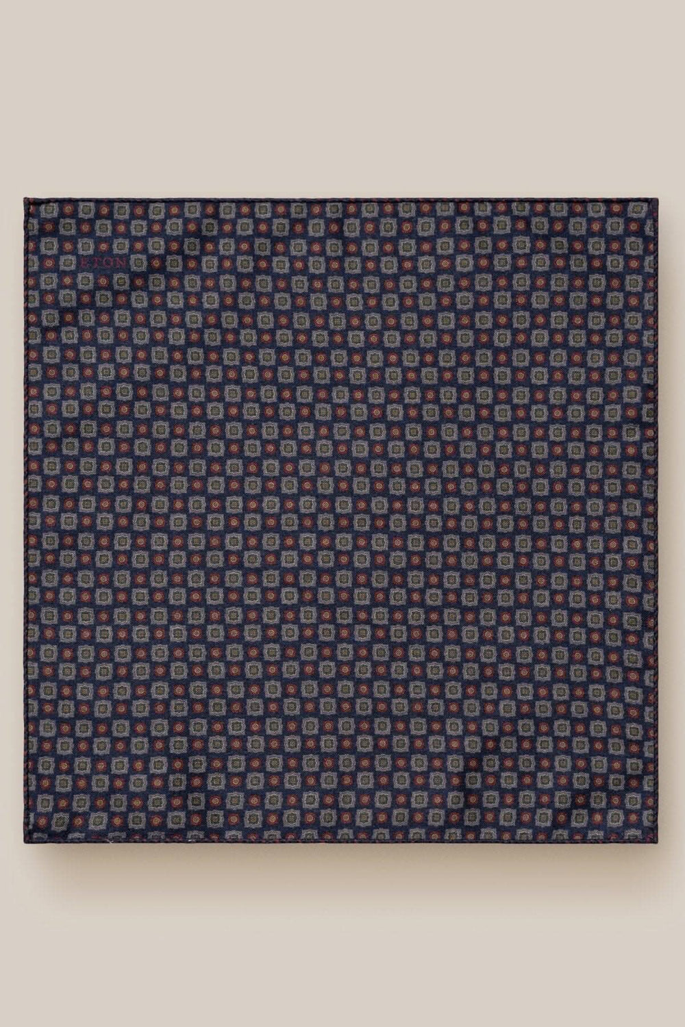 Mouchoir de poche en pure laine, imprimé bleu avec motifs élégants, dimensions 33x33 cm.
