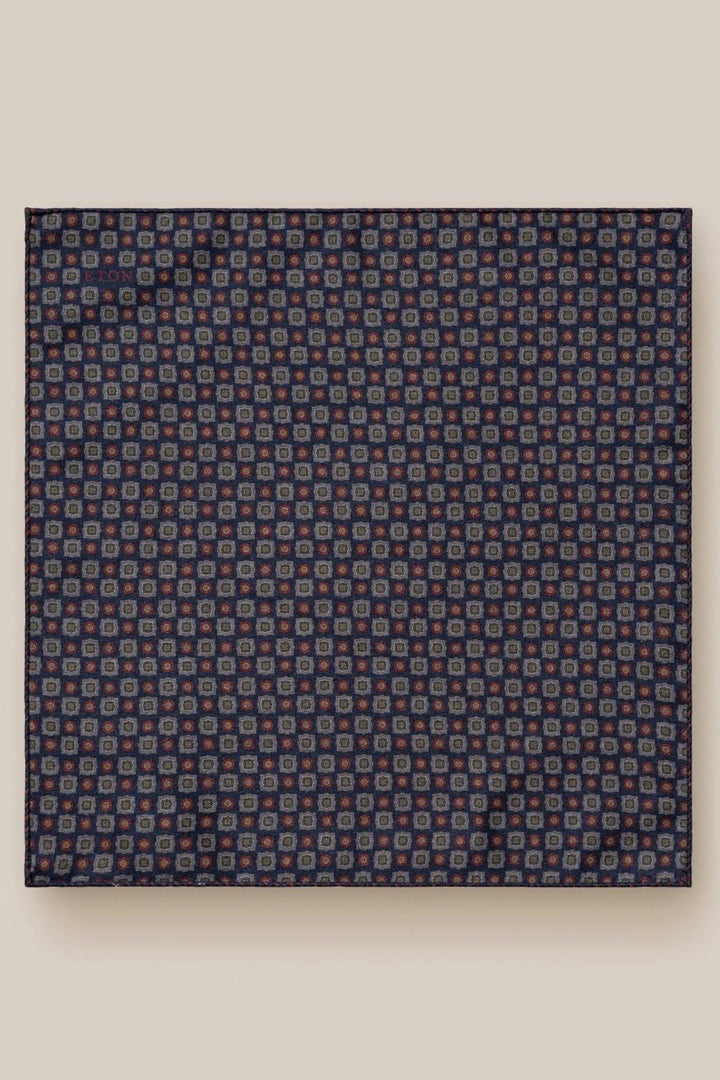 Mouchoir de poche en pure laine, imprimé bleu avec motifs élégants, dimensions 33x33 cm.