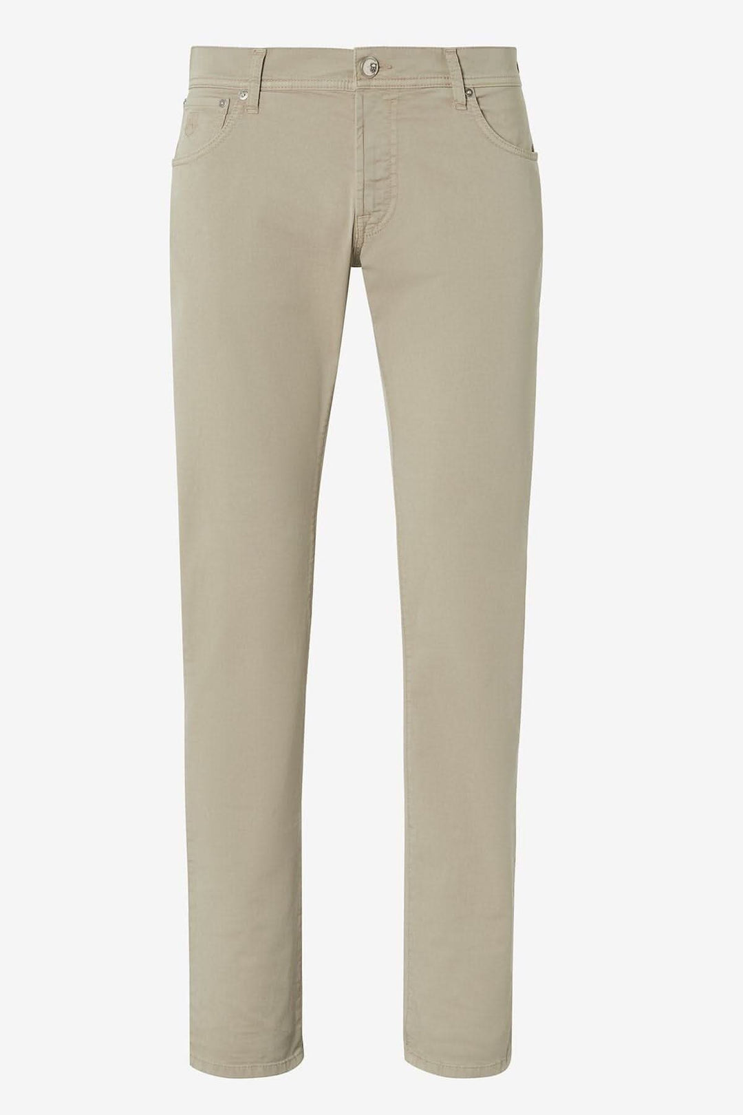 Pantalon 5 poches en coton stretch pour homme, coupe classique, couleur beige, idéal pour tenues formelles ou décontractées.