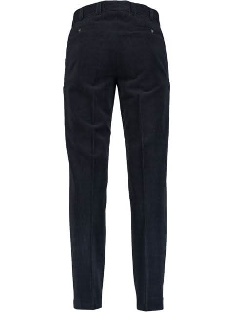 Pantalon en corduroy bleu marine, vue arrière, coupe régulière, éco-responsable, 55% polyester, 42% laine vierge.