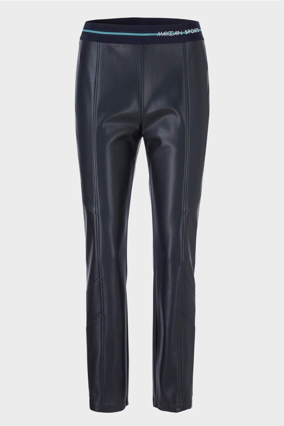Pantalon en cuir SOFIA noir, coupe étroite, ceinture élastiquée, finitions avec coutures décoratives.