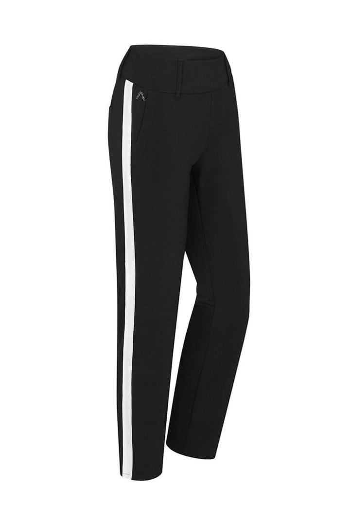 Pantalon Lucy 7/8, coupe slim, tissu élastique noir avec rayure latérale blanche, confort optimal et style moderne.